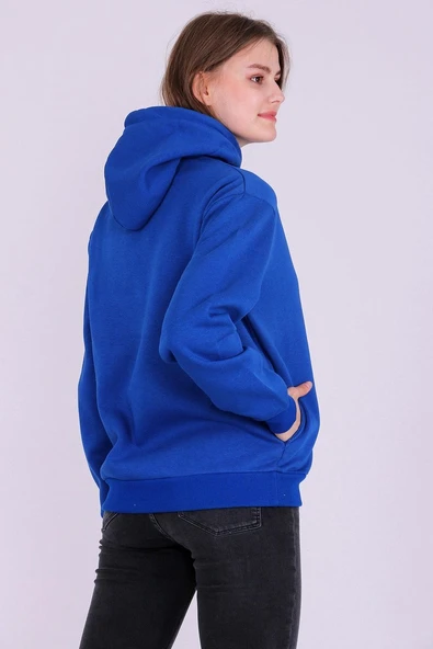 Mavi Basic Oversize Kadın Kapüşonlu Hoodie 3 iplik Sweatshirt - Resim 5