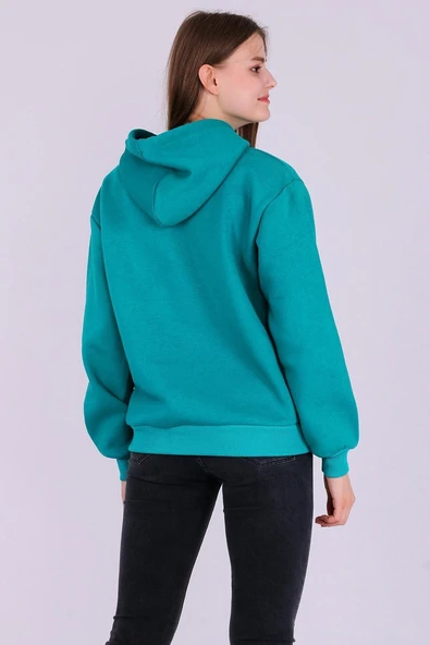 Yeşil Basic Oversize Kadın Kapüşonlu Hoodie 3 iplik Sweatshirt - Resim 5