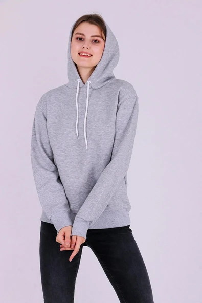Gri Basic Oversize Kadın Kapüşonlu Hoodie 3 iplik Sweatshirt ürün görseli 1