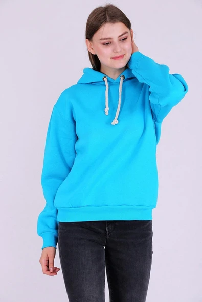Turkuaz Basic Oversize Kadın Kapüşonlu Hoodie 3 iplik Sweatshirt ürün görseli 1