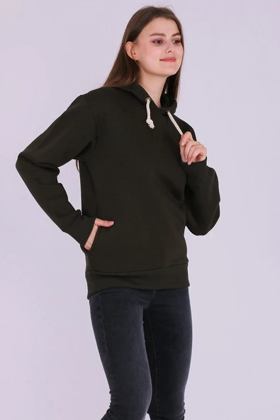 Haki Basic Oversize Kadın Kapüşonlu Hoodie 3 iplik Sweatshirt - Resim 5