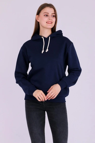 Lacivert Basic Oversize Kadın Kapüşonlu Hoodie 3 iplik Sweatshirt ürün görseli 1