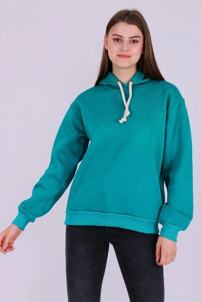 Yeşil Basic Oversize Kadın Kapüşonlu Hoodie 3 iplik Sweatshirt - Resim 4