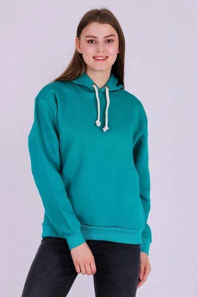 Yeşil Basic Oversize Kadın Kapüşonlu Hoodie 3 iplik Sweatshirt - Resim 3