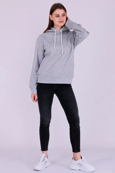 Gri Basic Oversize Kadın Kapüşonlu Hoodie 3 iplik Sweatshirt - Resim 3