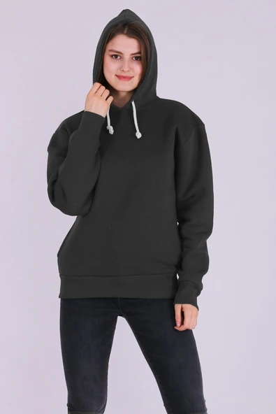 Füme Basic Oversize Kadın Kapüşonlu Hoodie 3 iplik Sweatshirt ürün görseli 1