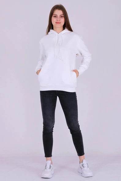 Beyaz Basic Oversize Kadın Kapüşonlu Hoodie 3 iplik Sweatshirt - Resim 4