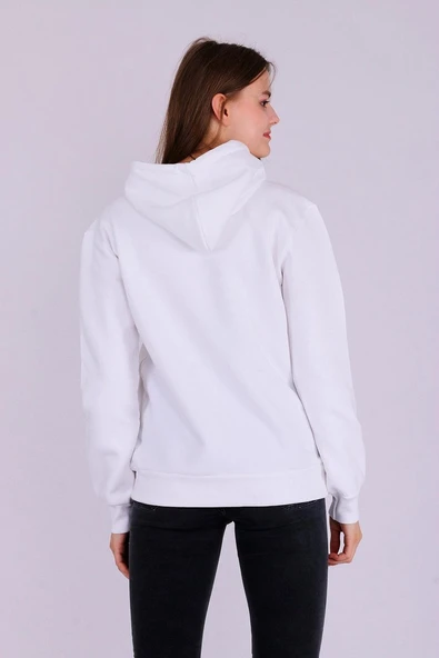 Beyaz Basic Oversize Kadın Kapüşonlu Hoodie 3 iplik Sweatshirt - Resim 7