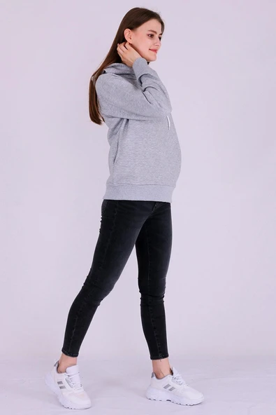 Gri Basic Oversize Kadın Kapüşonlu Hoodie 3 iplik Sweatshirt - Resim 4