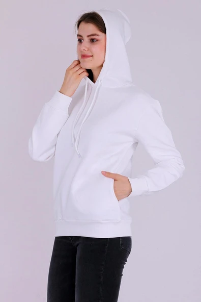 Beyaz Basic Oversize Kadın Kapüşonlu Hoodie 3 iplik Sweatshirt - Resim 5