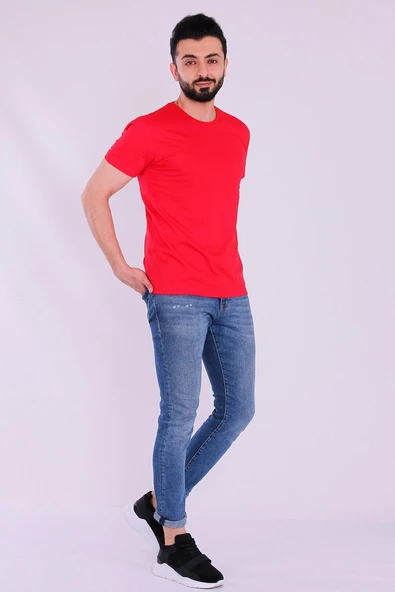 Kırmızı Basic Kısakol Erkek Slim Fit Tshirt - Resim 4