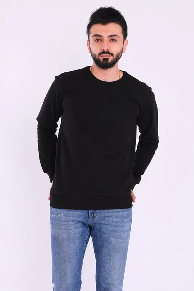 Siyah Basic Erkek 2 iplik Sweatshirt - Resim 3