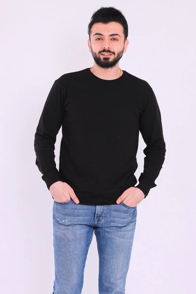 Siyah Basic Erkek 2 iplik Sweatshirt - Resim 5