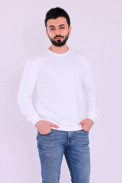 Beyaz Basic Erkek 2 iplik Sweatshirt ürün görseli 1