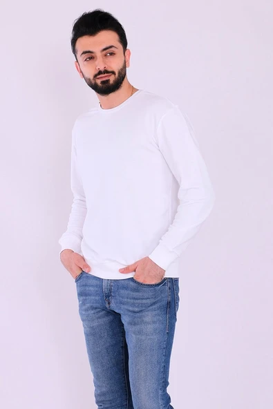 Beyaz Basic Erkek 2 iplik Sweatshirt - Resim 6