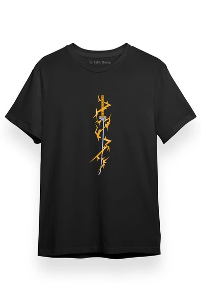 Demon Slayer Anime Demon Killer Thunder Katana Siyah Kısa kol Erkek Tshirt ürün görseli 1