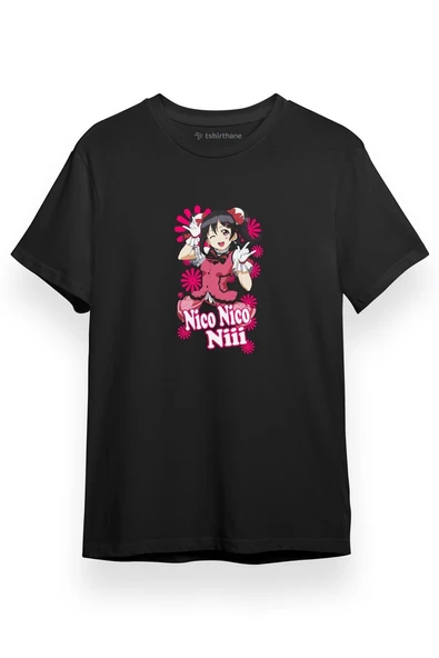 Love Live Anime Nico Nico Pink Poster Siyah Kısa kol Erkek Tshirt ürün görseli 1