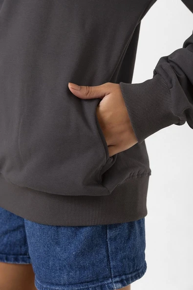 Füme Basic Oversize Kadın Kapüşonlu Hoodie 2 iplik Sweatshirt - Resim 7