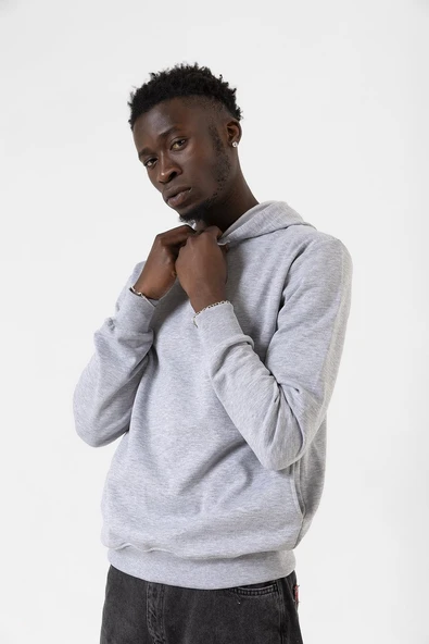 Gri Basic Oversize Erkek Kapüşonlu Hoodie 3 iplik Sweatshirt - Resim 3