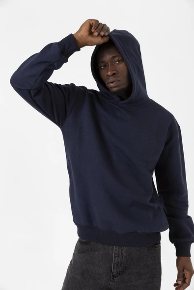 Lacivert Basic Oversize Erkek Kapüşonlu Hoodie 3 iplik Sweatshirt - Resim 7