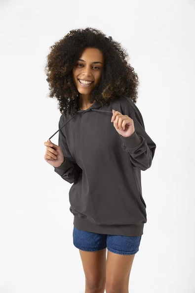 Füme Basic Oversize Kadın Kapüşonlu Hoodie 2 iplik Sweatshirt ürün görseli 1
