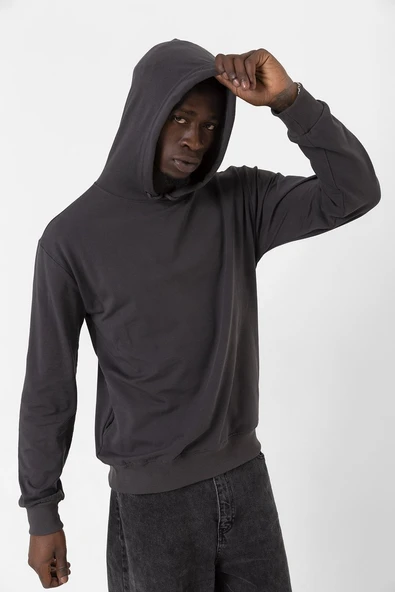 Füme Basic Oversize Erkek Kapüşonlu Hoodie 3 iplik Sweatshirt - Resim 5