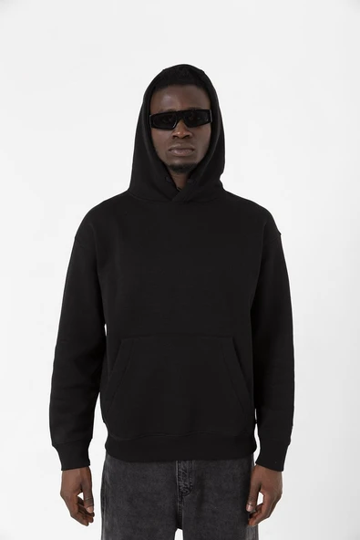 Siyah Basic Oversize Erkek Kapüşonlu Hoodie 3 iplik Sweatshirt ürün görseli 1
