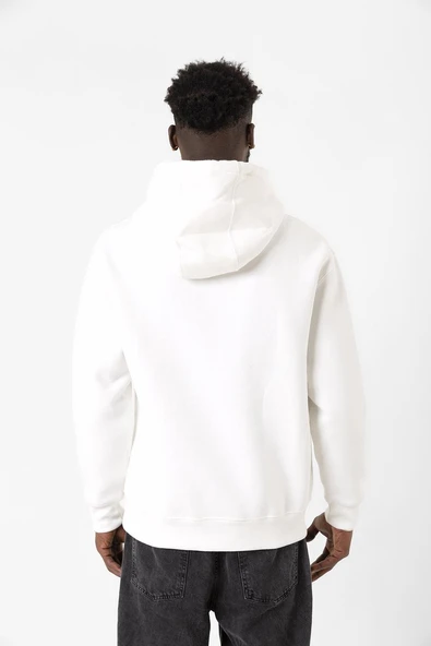 Beyaz Basic Oversize Erkek Kapüşonlu Hoodie 3 iplik Sweatshirt - Resim 2