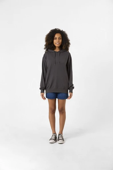 Füme Basic Oversize Kadın Kapüşonlu Hoodie 2 iplik Sweatshirt - Resim 5