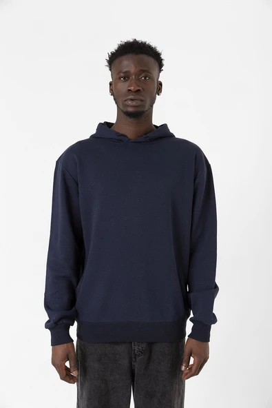 Lacivert Basic Oversize Erkek Kapüşonlu Hoodie 3 iplik Sweatshirt ürün görseli 1