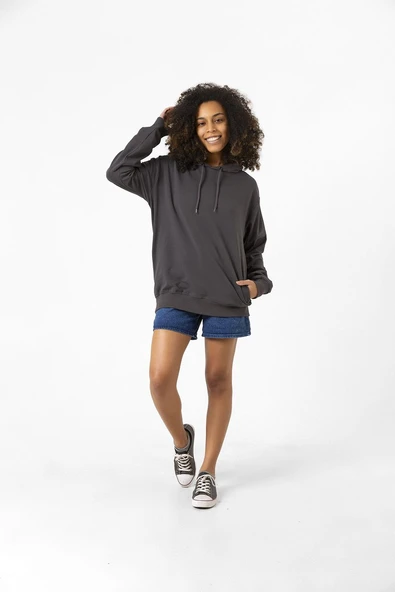 Füme Basic Oversize Kadın Kapüşonlu Hoodie 2 iplik Sweatshirt - Resim 2