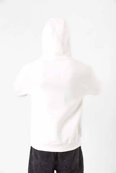 Beyaz Basic Oversize Erkek Kapüşonlu Hoodie 3 iplik Sweatshirt - Resim 8