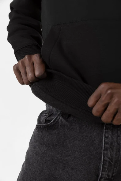 Siyah Basic Oversize Erkek Kapüşonlu Hoodie 3 iplik Sweatshirt - Resim 4