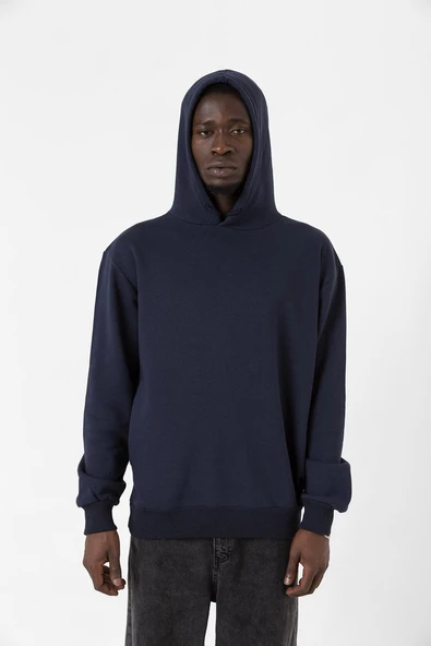 Lacivert Basic Oversize Erkek Kapüşonlu Hoodie 3 iplik Sweatshirt - Resim 6