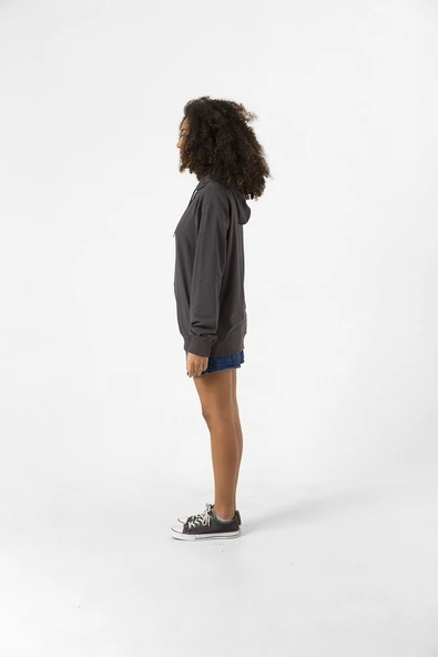 Füme Basic Oversize Kadın Kapüşonlu Hoodie 2 iplik Sweatshirt - Resim 3
