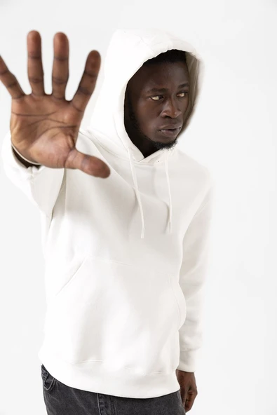 Beyaz Basic Oversize Erkek Kapüşonlu Hoodie 3 iplik Sweatshirt - Resim 6