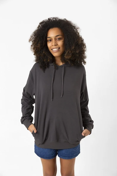Füme Basic Oversize Kadın Kapüşonlu Hoodie 2 iplik Sweatshirt - Resim 4