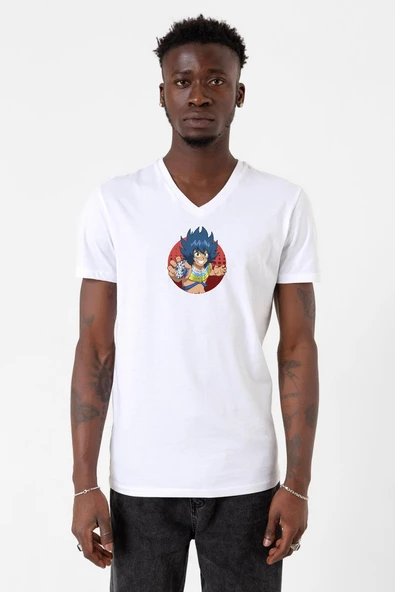 Beyblade Laban Vanot With Leopard Beyaz Erkek V yaka Tshirt ürün görseli 1