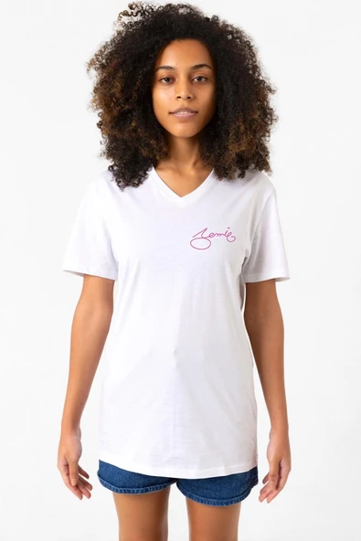 Blackpink Jennie Signature Beyaz Kadın V yaka Tshirt ürün görseli 1