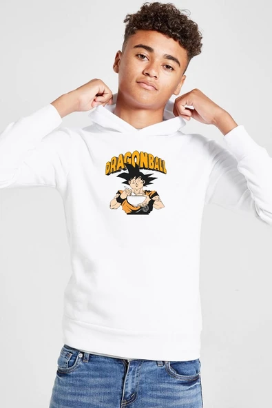 Dragon Ball Z Anime Goku Eating Ramen Beyaz Çocuk 3ip Kapşonlu  Sweatshirt ürün görseli 1