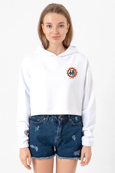 Dragon Ball Z Anime Logo Beyaz Optik Kadın Crop Kapşonlu ürün görseli 1