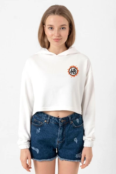 Dragon Ball Z Anime Logo Ekru Kadın Crop Kapşonlu ürün görseli 1