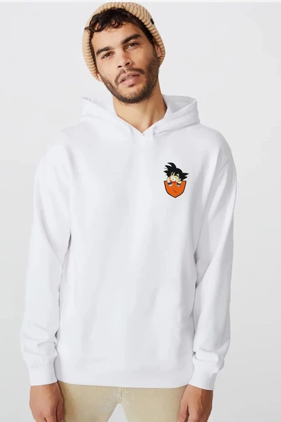 Dragon Ball Z Anime Son Goku Pocket Beyaz Erkek 3ip Kapşonlu  Sweatshirt ürün görseli 1