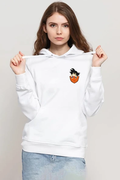 Dragon Ball Z Anime Son Goku Pocket Beyaz Kadın 3ip Kapşonlu Sweatshirt ürün görseli 1