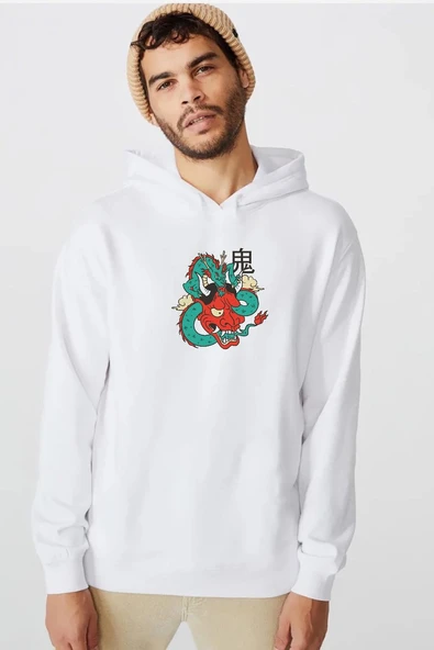Dragon Samurai Anime Beyaz Erkek 3ip Kapşonlu  Sweatshirt ürün görseli 1