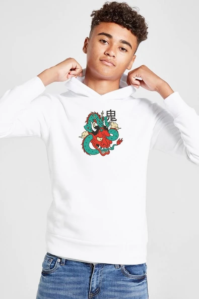 Dragon Samurai Anime Beyaz Çocuk 3ip Kapşonlu  Sweatshirt ürün görseli 1