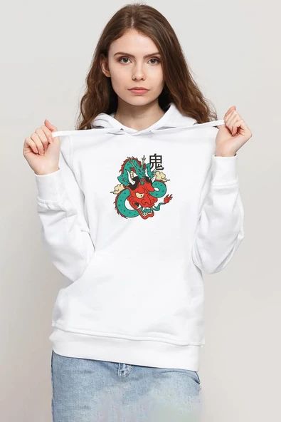 Dragon Samurai Anime Beyaz Kadın 3ip Kapşonlu Sweatshirt ürün görseli 1