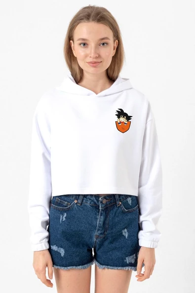 Dragon Ball Z Anime Son Goku Pocket Beyaz Optik Kadın Crop Kapşonlu ürün görseli 1