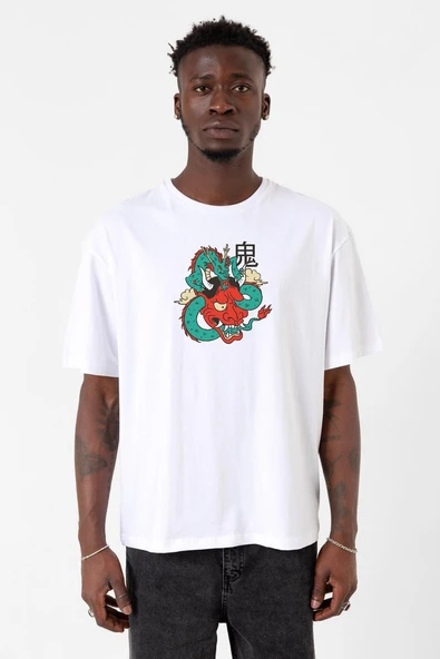 Dragon Samurai Anime Beyaz Erkek Oversize Tshirt ürün görseli 1