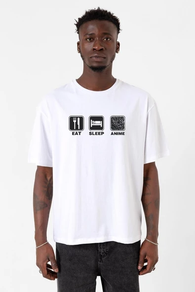 Eat Sleep Anime Beyaz Erkek Oversize Tshirt ürün görseli 1